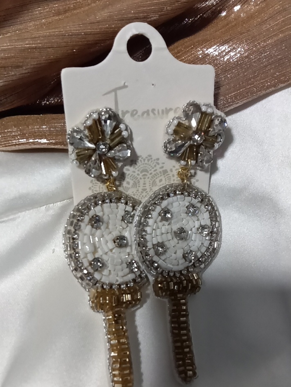 Beaded White and Gold Dangle Earrings - Women's Jewelry